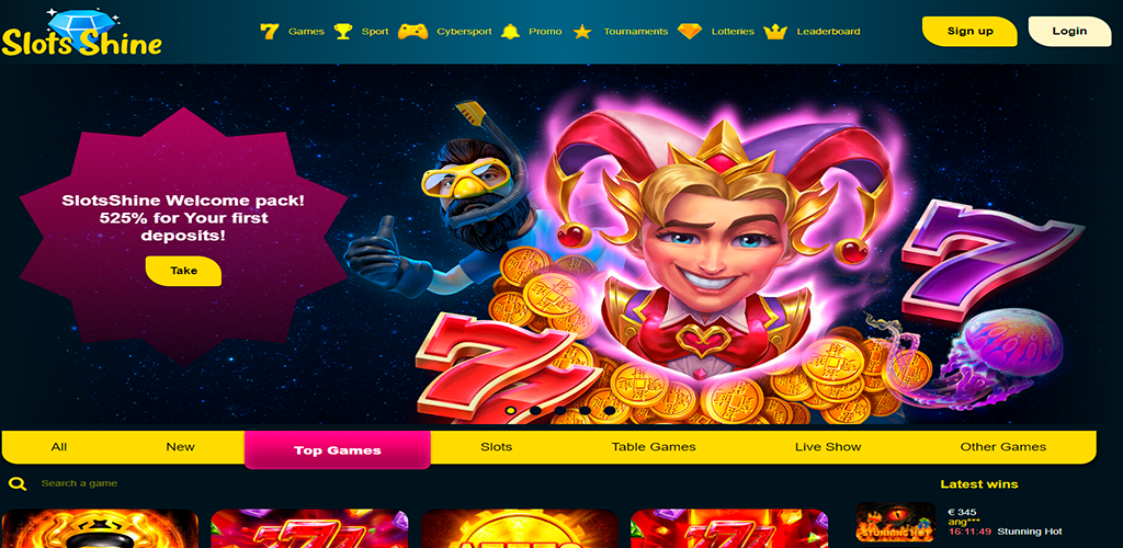 Slots Shine casino design and interface